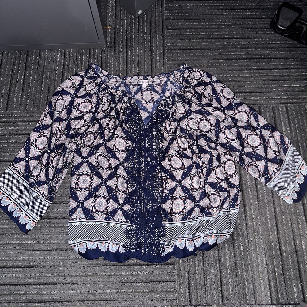 Joy Joy Size Large Blouse‎ Pullover Top Navy